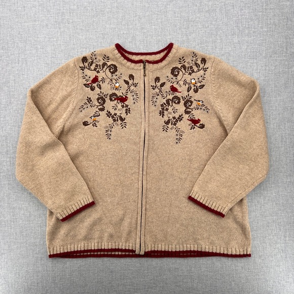 croft & barrow Sweaters - Croft & Barrow Embroidered Bird Zip Cardigan Sweater Women 2X Beige Cottagecore